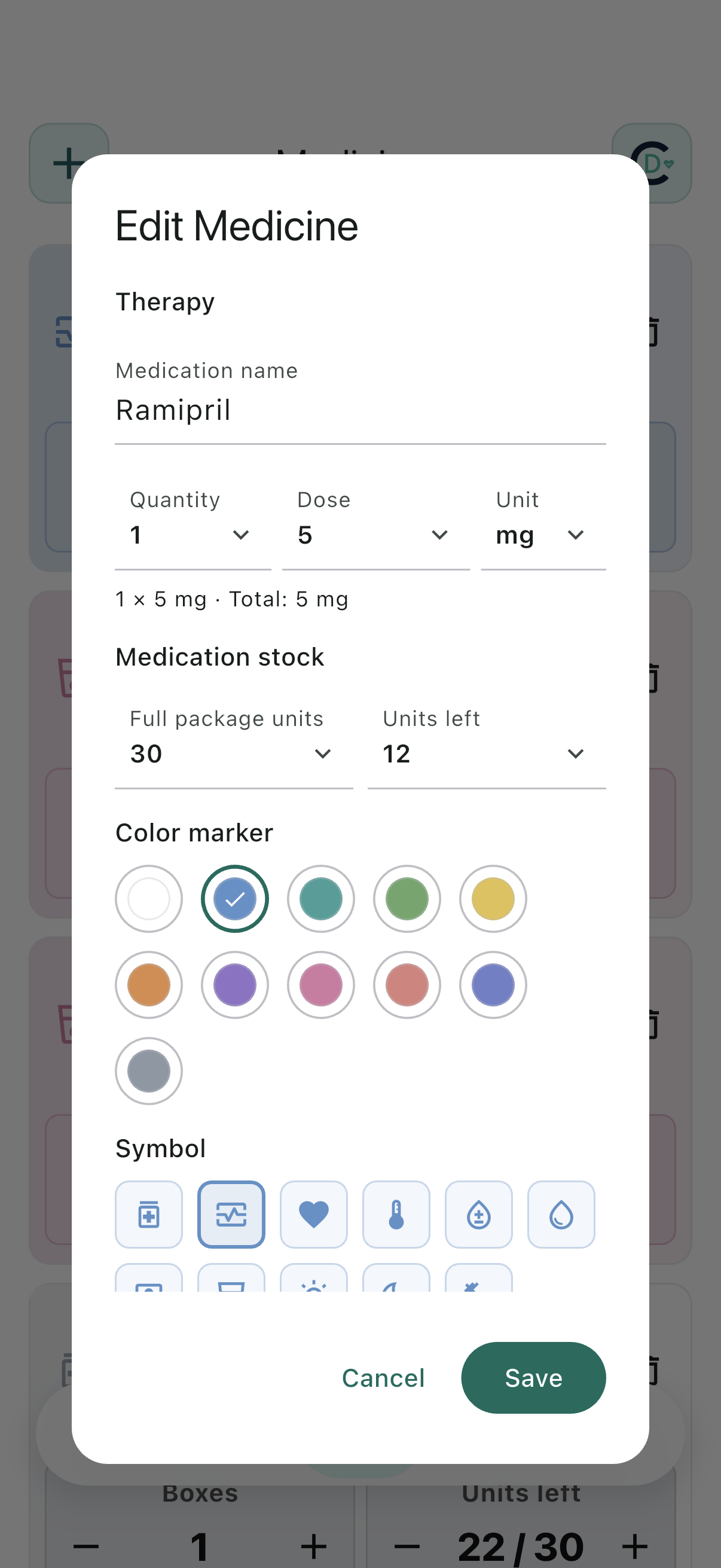 CareToDoc medicine editor for an item in the care plan