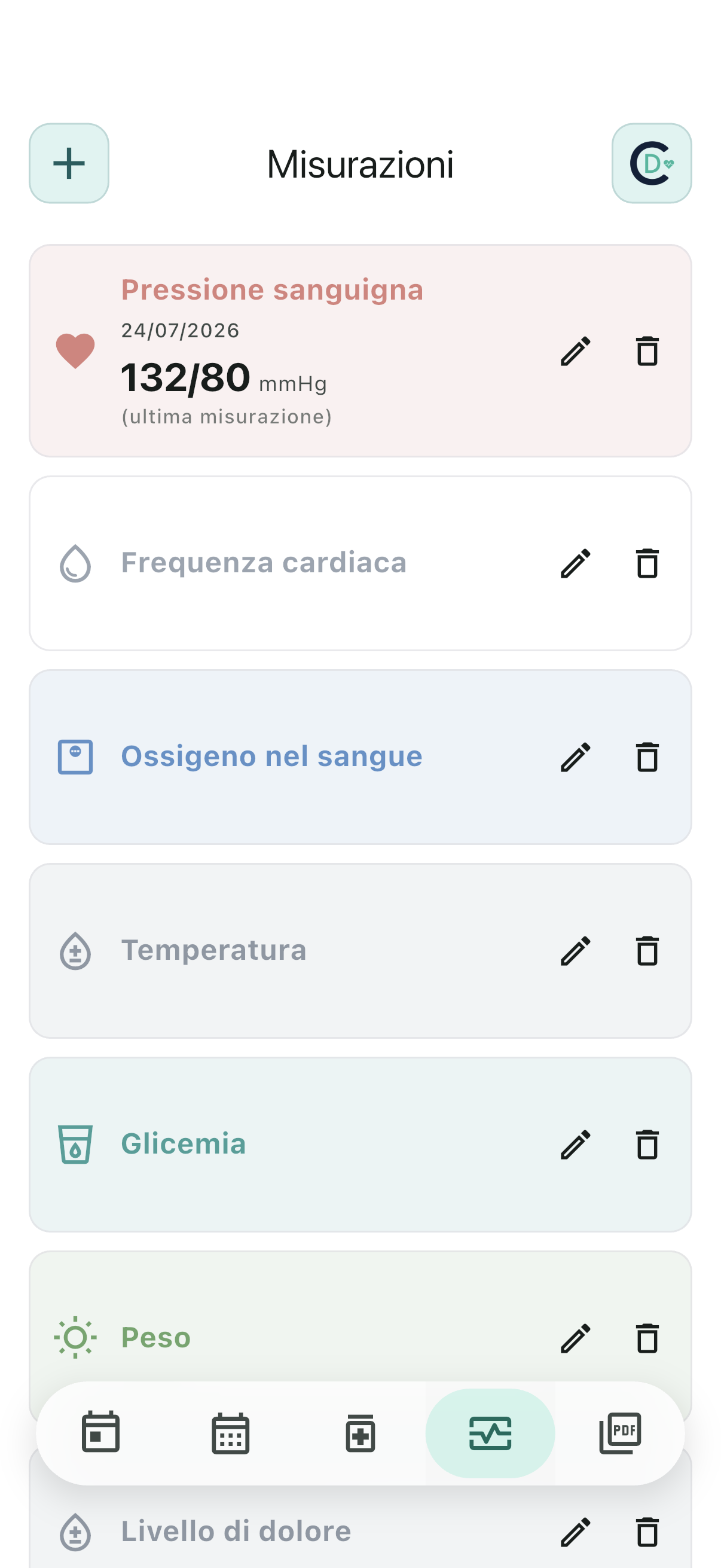 Schermata Misurazioni di CareToDoc con i valori di salute registrati