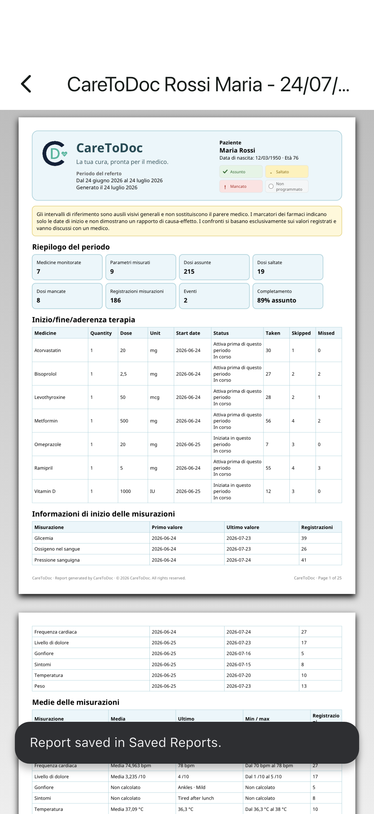 Report PDF creato in CareToDoc e aperto su iPhone